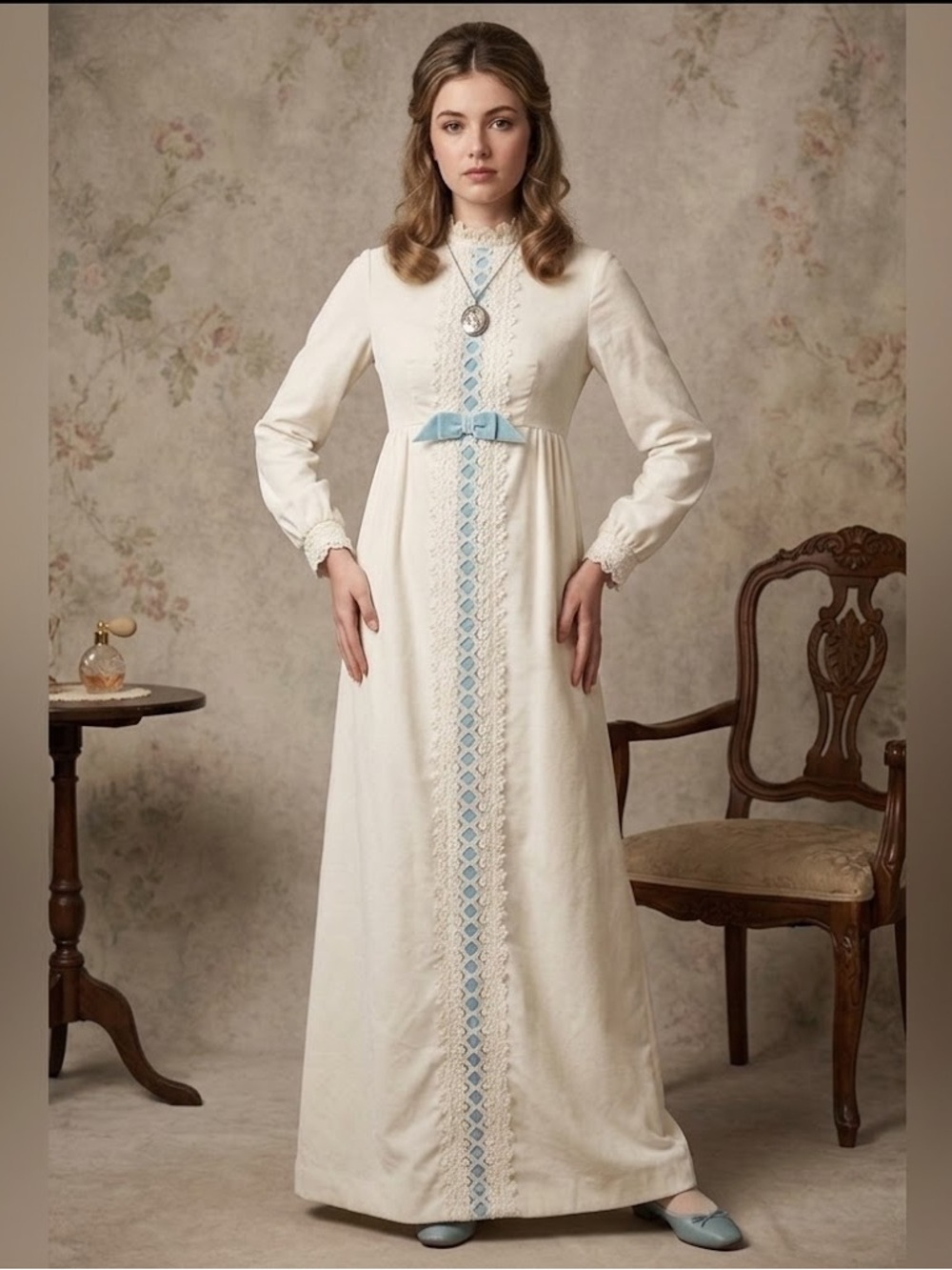Unique Vintage White Velvet Dress with blue velvet ribbons and lace, long sleeve